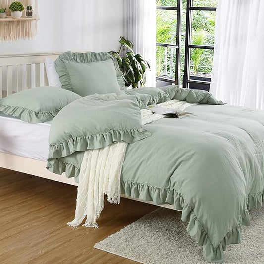 Ruffle Duvet Cover King Size, 3PCS Soft Washed Microfiber Vintage French Country Duvet Cover Set with Button Closure, Sage Green, 104x90 in