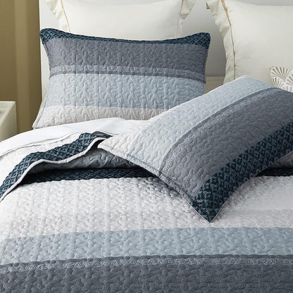 DURLENGEN Quilt Set Queen Size 3Pcs,Soft Microfiber Lightweight Bedspread,Blue & Navy Striped Geometric Pattern Coverlet for All Season Layering(Queen 90x96, Blue Patchwork)