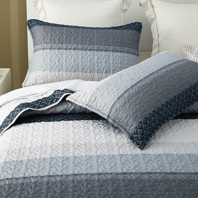 DURLENGEN Quilt Set California King Size 3Pcs,Soft Microfiber Lightweight Bedspread,Blue & Navy Striped Geometric Pattern Coverlet for All Season Layering(Cal King 112x104, Blue Patchwork)