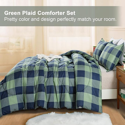 Andency Green Plaid Comforter Full(79x90Inch), 3 Pieces (1 Comforter, 2 Pillowcases) Buffalo Checkered Gingham Bed Set, Soft Geometric Bedding for Boys