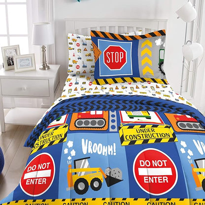 dream FACTORY Kids 5-Piece Complete Set Easy-Wash Super Soft Microfiber Comforter Bedding, Twin, Navy Blue Under Construction