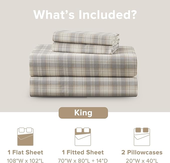 Comfort Spaces 100% Cotton Sheets King, Breathable, Naturally Cool Cotton Sheets, Soft Cotton Bed Sheets with 14" Elastic Pocket Fits up to 16" Mattress, All Seasons Sheet Set, Wesley Taupe 4 Piece