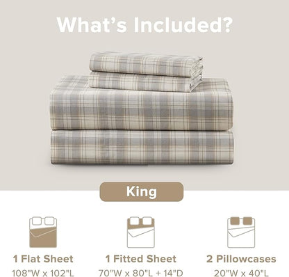 Comfort Spaces 100% Cotton Sheets King, Breathable, Naturally Cool Cotton Sheets, Soft Cotton Bed Sheets with 14" Elastic Pocket Fits up to 16" Mattress, All Seasons Sheet Set, Wesley Taupe 4 Piece