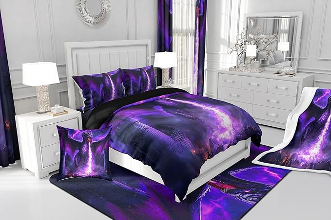 Feelyou Cool Dragon Bedding Set Full Size Kids Lightning Comforter Cover Set 3D Dragon War Mythology Themed Ancient Wildlife Fire Duvet Cover Nebula Bedspread Cover Room Decor Quilt Cover,No Comforter