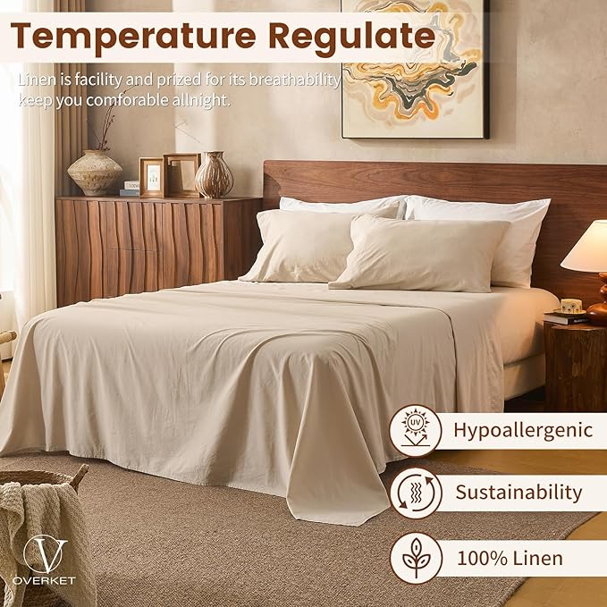100% Linen Sheets Queen Size,Breathable & Durable 4-Piece Bed Flax Sheet Set,Soft All-Season Bedding for Hot Sleepers 16" Deep Pocket Oeko-TEX Certified,（Queen, Linen）