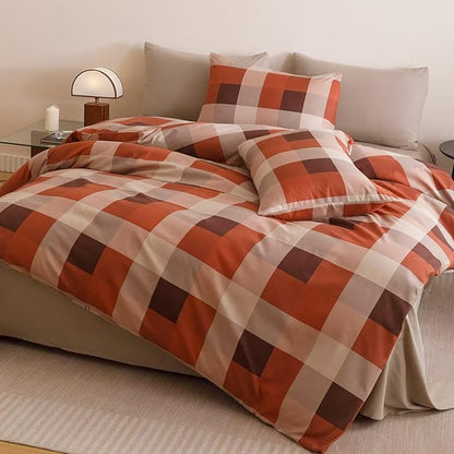 Cottonight Checkered Red Comforter Set Queen Men Gingham Grid Bedding Set Red and Khaki Grid Comforter Fluffy Soft Blanket Quilts Modern Cottagecore Comforter with 2 Pillowcases for Queen Bed