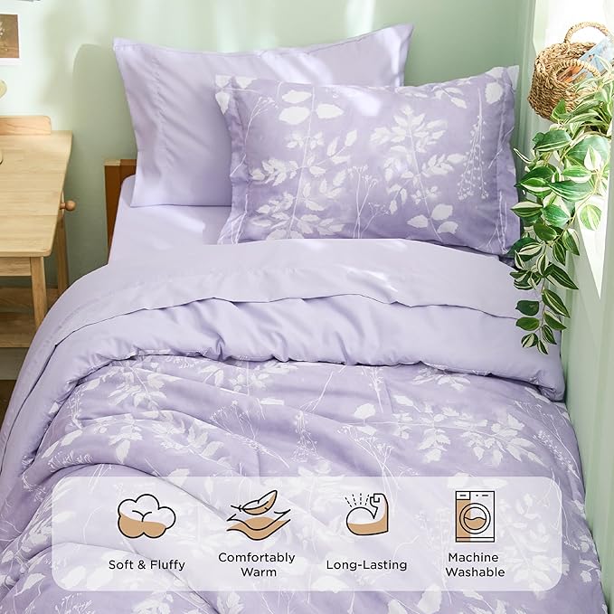 Bedsure Lavender Twin XL Comforter Set - 5 Pieces Floral Bedding Sets Twin XL Bed in a Bag with Reversible Botanical Flowers Comforter, Sheets, Pillowcase & Sham
