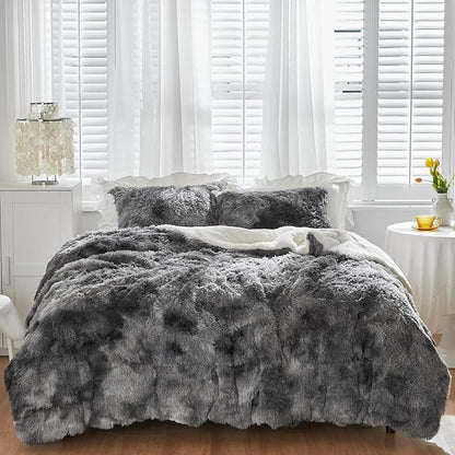 Luxury Faux Fur Shaggy Comforter Set King Size, Plush & Sherpa Reversible Comforter Tie Dye Black, 3 Pieces Fluffy Fuzzy Bedding Set Ultra Soft and Warm for Winter (1 Comforter + 2 Pillowcases)