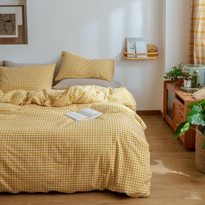 mixinni Yellow Gingham Comforter Set King, Plaid Comforter Set 3 Pieces 1 Yellow Grid Comfoter with 2 Pillow Cases for All Seasons, Soft Fluffy Modern Grid Pattern Printed Bedding-King Size
