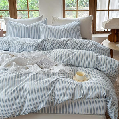 Striped Duvet Cover Set 100% Washed Cotton Linen Like Soft Feelling Breathable Bedding(White/Cornflower Blue Strip,Full)