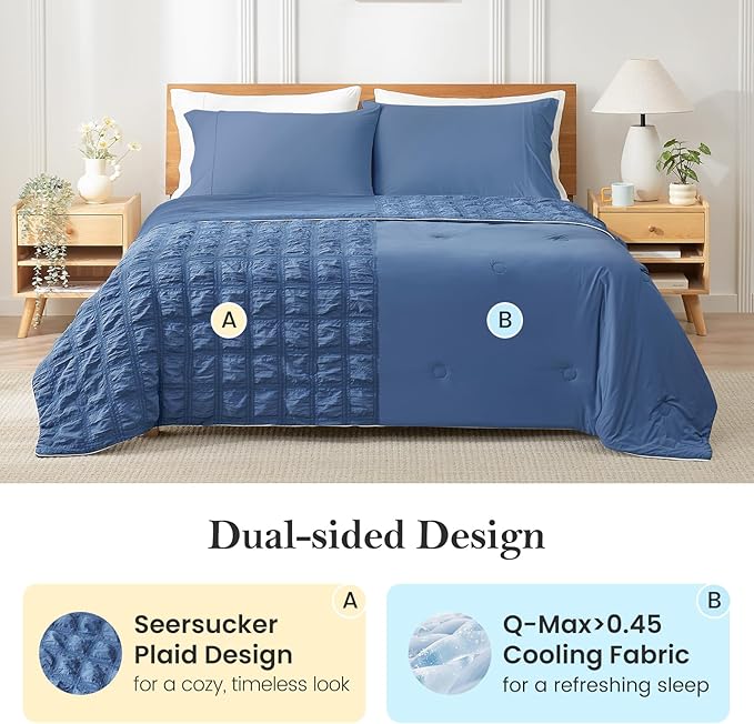 Cozy Bliss Cooling Comforter Seersucker Plaid King Size, Q-Max 0.45 Lightweight Cooling Blanket, Breathable Silk Smooth Summer Bedding Quilt for Hot Sleepers Night Sweats Denim Blue