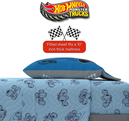 Hot Wheels x Monster Trucks Bedding Set, Twin Size 5 Piece Set Kids Super Soft Cozy Reversible Comforter and Sheet Set with Sham, (100% Officially Licensed Product) by Franco