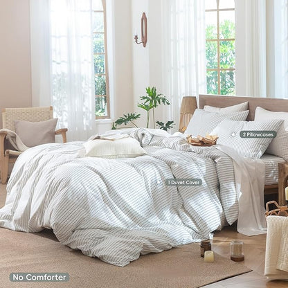 MooMee Striped Duvet Cover Set 100% Washed Cotton Linen Like Textured Breathable Durable Soft Comfy (White Heathered Green Wide Stripes, Alaska King 132"x120")