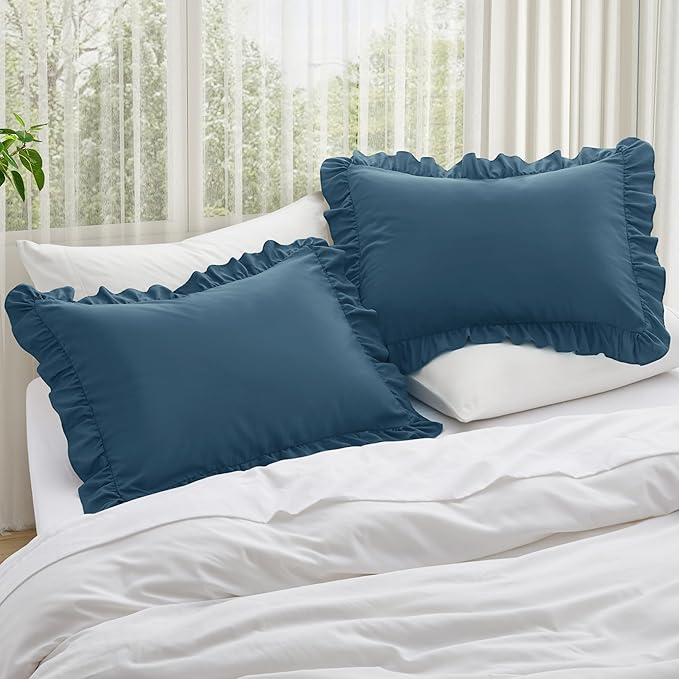 KKJIAF Ruffle Pillow Cases King Size Set of 2, Ruffled Pillow Covers with Envelope Closure, Wrinkle Resistant Ruffled Pillow Shams 20" x 36", Dark Blue