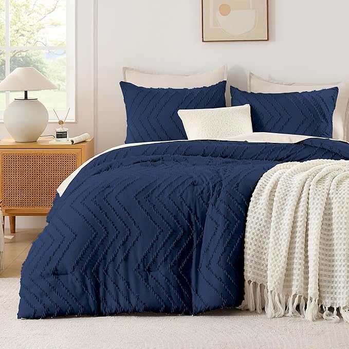 Andency Navy Blue Comforter Set Queen Size, Boho Soft Warm Tufted Bedding Comforter Sets for Queen Size Bed, 3 Pieces Aesthetic Chevron Farmhouse Cute Bohemian Textured Bed Set