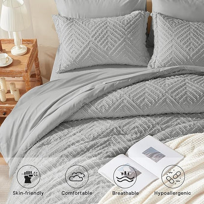 Zzlpp King Comforter Set 7 Pieces, Light Grey Tufted Bed in a Bag with Comforter and Sheets, All Season Boho Bedding Sets with Comforter, 2 Pillow Shams, 2 Pillowcases, 1 Flat Sheet, 1 Fitted Sheet