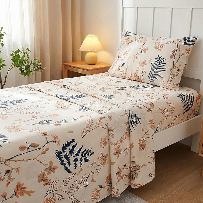 JSD Boho Floral Printed Sheet Set Twin Size 3 Piece, Soft Botanical Pattern Microfiber Sheets Extra Deep Pocket