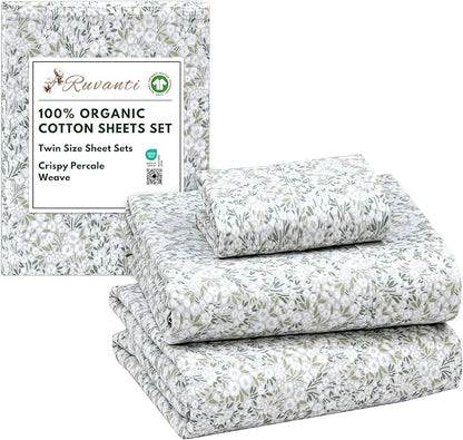 RUVANTI 100% Organic Cotton Sheets Twin Size, Percale Weave, GOTS Certified, 3-Piece Set, Deep Pocket 15", Crisp & Breathable, Soft Durable Bedding, Sábanas Algodón Orgánico – Floral Rush
