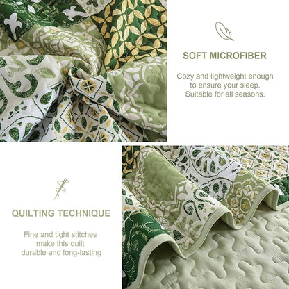 Dobuyly Green Quilt Set Queen Size, Boho Sage Green Plaid Patchwork Bedspreads Coverlet Set, 3 Pieces Soft Lightweight Microfiber Quilt Bedding Set for All Seasons 96"x90"