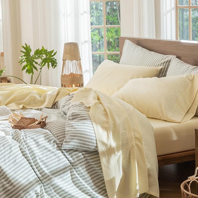 MooMee Bedding Sheet Set 100% Washed Cotton Linen Like Textured Breathable Durable Soft Comfy (Heathered Butter Yellow, Full)