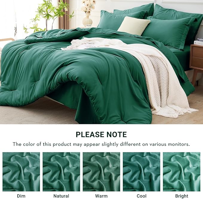 MUXHOMO 7 Pieces California King Comforter Set, Soft Bed in a Bag Cal King Size, All Season Bedding Set with Comforter, Flat Sheet, Fitted Sheet, Pillowcases & Shams, Emerald Green