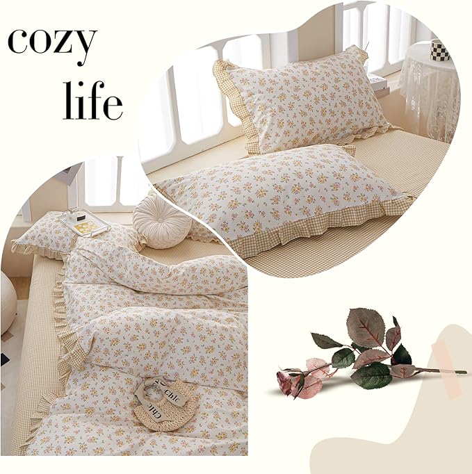 VM VOUGEMARKET Twin Comforter Set with Rose Flower Pattern,1 Ruffle Comforter and 2 Pillow Shams for Girls Women,Reversible Yellow Plaid Bedding Set(3pcs,Twin XL)