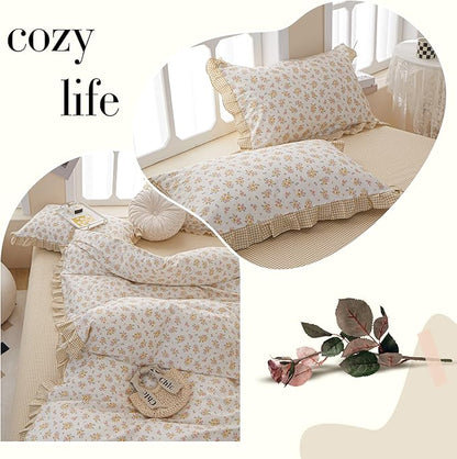 VM VOUGEMARKET Lace Comforter Set Full Vintage Girl's Flower Bedding Comforter Sets,Reversible Yellow Grid Comforter with 2 Pillowcases for All Seasons(3pcs,Full)