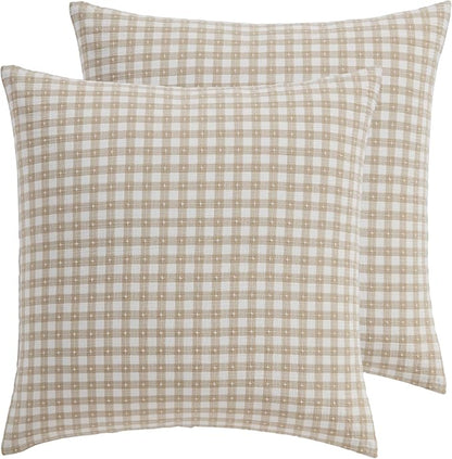 Levtex Home - Camden Gingham Stitch Euro Sham Set of 2 - Textured Gingham - Taupe and Cream - Reversible - Cotton - Tie Closure Back - Pillow Inserts Not Included