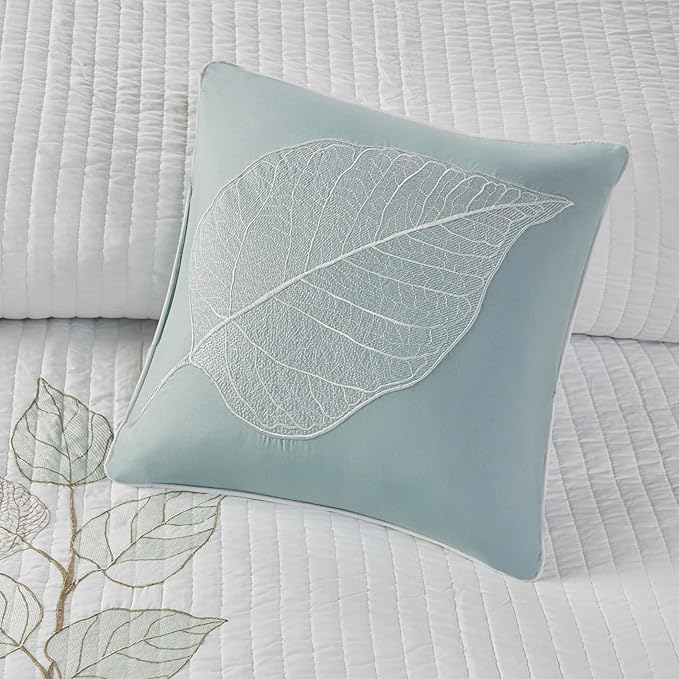 Madison Park Caelie Quilt Modern Classic Design All Season, Breathable Coverlet Lightweight Bedding Set, Matching Shams, Decorative Pillow, King/Cal King(104"x94"), Leaf Blue 6 Piece