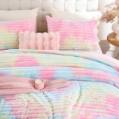 Smoofy Fluffy King Size Comforter Set 3 Pieces - Rainbow Fleece Fluffy Comforter Set, Luxury Fuzzy King Bedding Set, Soft King Bed Set All Season, Heavy Faux Fur Comforter with 2 Pillow Cases