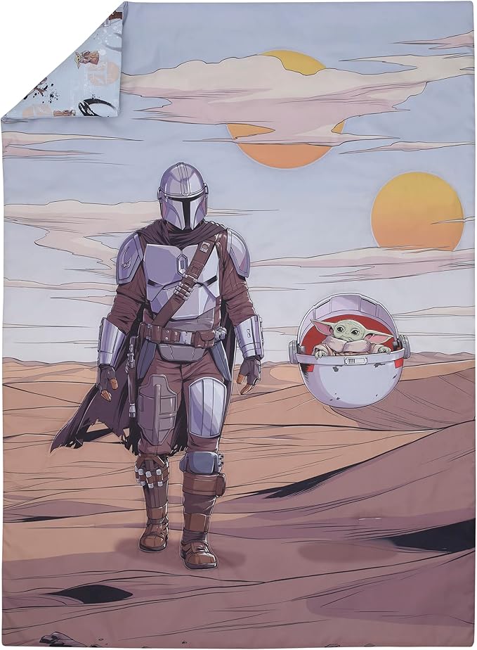 Disney Star Wars The Mandalorian Grey, Tan and Blue 4 Piece Toddler Bed Set - Comforter, Fitted Bottom Sheet, Flat Top Sheet, and Reversible Pillowcase