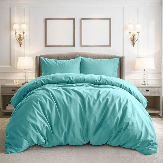 Pure Bedding Duvet Cover King Size - 3 Pieces Extra Soft Bedding Set, Includes 1 Duvet Cover 104x90 Inches with Zipper Closure & 2 Pillow Shams, Comforter Not Included, Aqua