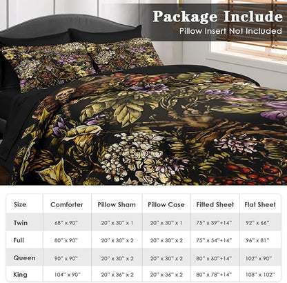 Comforter Set Full Size, Gothic Flower Tree Plants 7 Pcs Bedding for Kids and Adults, Death Moth Green Bed Sheet Sets with Fitted Sheet 2 Pillowcases & 2 Shams for Bedroom Bed Decor