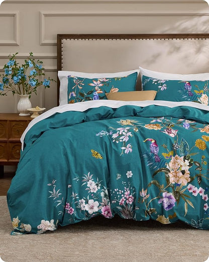 Bedsure Floral Duvet Cover King Size - 100% Cotton Reversible Vintage Teal Bird Duvet Cover Set, 3 Pieces Soft & Breathable PureWoven Bedding Set with 2 Pillow Shams (Chinoiserie Teal 104"x90")