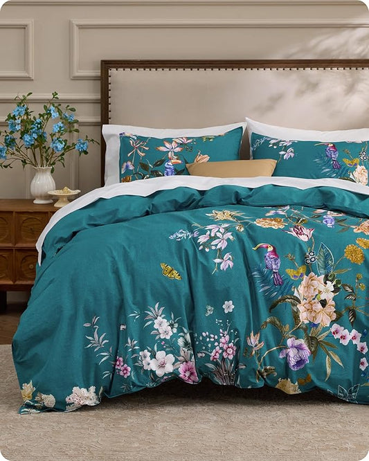 Bedsure Floral Duvet Cover Queen Size - 100% Cotton Reversible Vintage Teal Bird Duvet Cover Set, 3 Pieces Soft & Breathable PureWoven Bedding Set with 2 Pillow Shams (Chinoiserie Teal 90"x90")