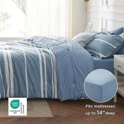 Bedsure Twin Comforter Set 5 Pieces, Grey Blue Striped Bedding Set for All Seasons, Reversible, Cationic Dyeing Bed in a Bag with Comforter, Sheets, Pillowcase & Sham