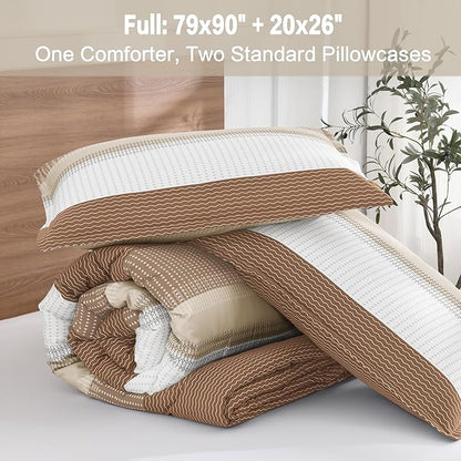 Litanika Full Size Comforter Sets Beige, 3 Pieces Lightweight Taupe Khaki White Colorblock Stripe Fluffy Bedding Comforter Sets, All Season Bed Set