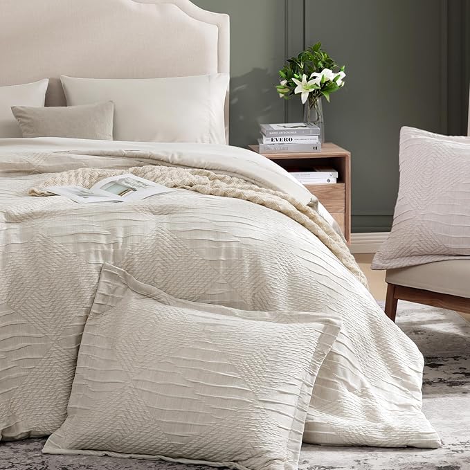 MaiRêve Full Size Comforter Set Beige, Crinkle Textured Design Boho Bedding Set 7 Pieces Bed in A Bag, All Season Geometric Comforter Set with Sheets, Pillowcases & Shams