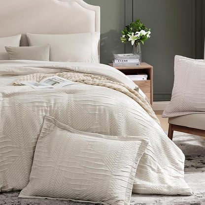 MaiRêve King Comforter Set Beige, Crinkle Textured Design Boho Bedding Set 7 Pieces Bed in A Bag, All Season Geometric Comforter Set with Sheets, Pillowcases & Shams
