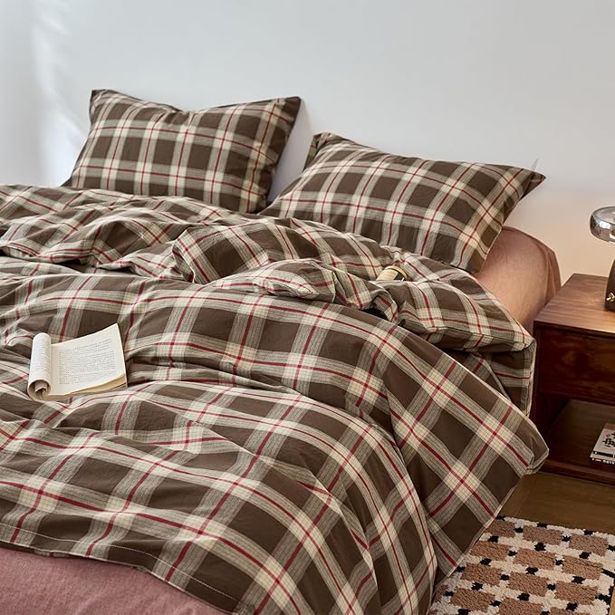 EAVD Vintage Brown Buffalo Plaid Comforter Set Queen Soft 100% Washed Cotton Brown&Red&Green Grid Checkered Bedding Set with 2 Pillowcases Retro Gingham Comforter Set for All-Season
