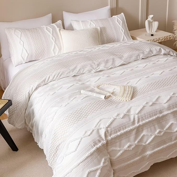 Houseri Tufted Comforter Set Queen Beige Jacquard Bedding Sets
