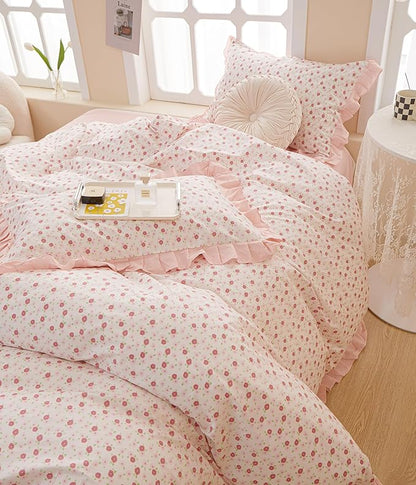 HighBuy Pink Floral Queen Comforter Set Ruffled Coquette Cottagecore Bedding Comforter for Women Girl Lightweight Fluffy Flower Comforter Set 1 Pink Striped Comforter with 2 Pillowcases
