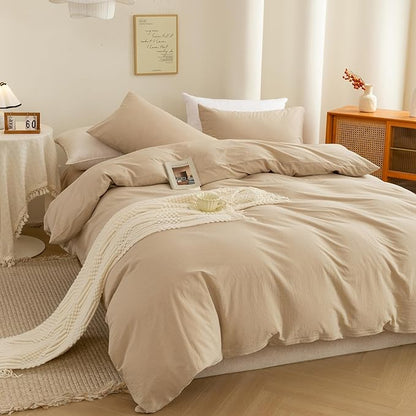 ECOCOTT 100% Washed Cotton Duvet Cover Full Size – Soft & Breathable Linen Feel Bedding Set, 3 Pieces Khaki Comforter Cover with Zipper Closure for All Seasons
