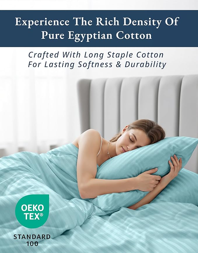 LANE LINEN 100% Egyptian Cotton King Size Deep Pocket Sheet Sets, Soft & Comfy No Pill Fade Resistant Natural Cooling Mercerized Cotton King Size Sheets Set 15" Deep Pocket Damask Stripe - Blue Sky