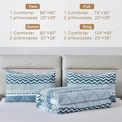 BOLINLIVING Twin Comforter Set Kids, Boho Stripe Comforter Set Twin Size, Twin Bed in a Bag Soft Bohomian Bedding Lightweight Breathable for All Seasons (Blue 66×90 inch)