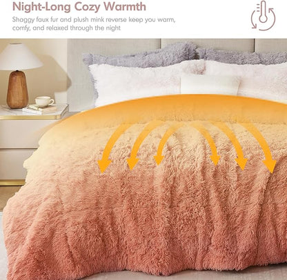 Intelligent Design Brielle, Long Shaggy Faux Fur Comforter Set, Plush Reverse, Trendy Ombre Design, Modern, Cozy All Season Bedding, Matching Sham, Full/Queen(90"x90") Blush 3 Piece