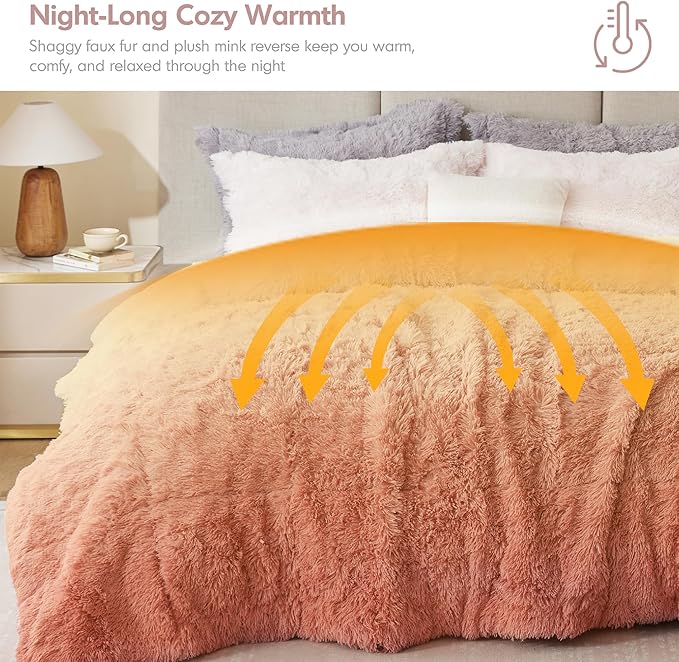 Intelligent Design Brielle, Long Shaggy Faux Fur Comforter Set, Plush Reverse, Trendy Ombre Design, Modern, Cozy All Season Bedding, Matching Sham, Twin/Twin XL(66"x90") Blush 2 Piece