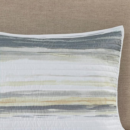 Madison Park Quilt Set Cottage Coastal Design, 6 Piece Set - All Season, Coverlet Bedspread Lightweight Bedding Layer, Shams, Toss Pillows, Full/Queen(90 in x 90 in), Yellow/Grey