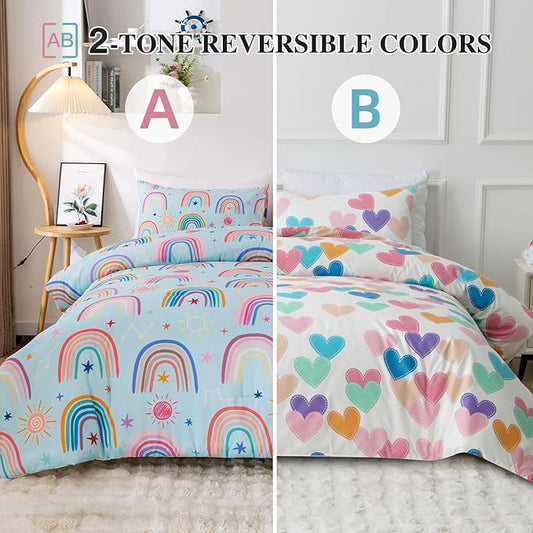 Btargot Lightweight Soft 3 Piece Rainbow Comforter Set with 2 Pillow Covers, Cartoon Love Hearts Suns and Stars Bedding Set for Girls Boys Kids, Queen Light Blue