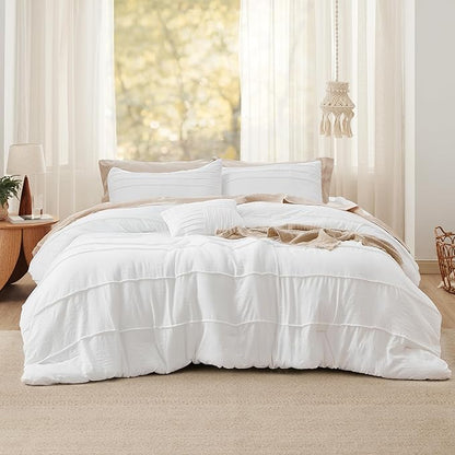 Bedsure California King Comforter Set - 4 Pieces Pinch Pleat Bed Set, White Boho Bedding for All Season, 1 Soft Comforter, 2 Pillowcases, 1 Decorative Pillow